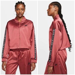 Nike Air Burgundy Satin Zip Up Cropped Loose Fit Track Bomber Jacket Size M